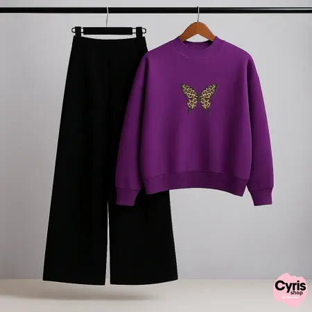 Butterfly Leopard print Purple Sweatshirt & Trouser Set