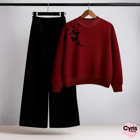 Butterfly Silhouette Red Sweatshirt & Black Relaxed Trouser Set