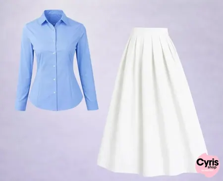 Button-Down Shirt & Flared Maxi Skirt Set – Light Blue & White