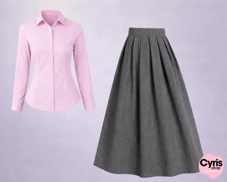 Button-Down Shirt & Flared Maxi Skirt Set – Soft Pink & Grey