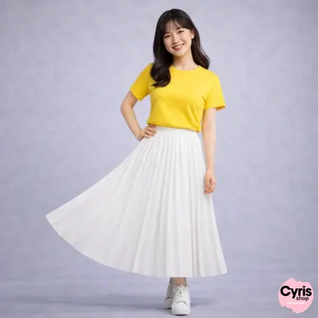 Yellow T-Shirt & white Pleated Maxi Skirt Set