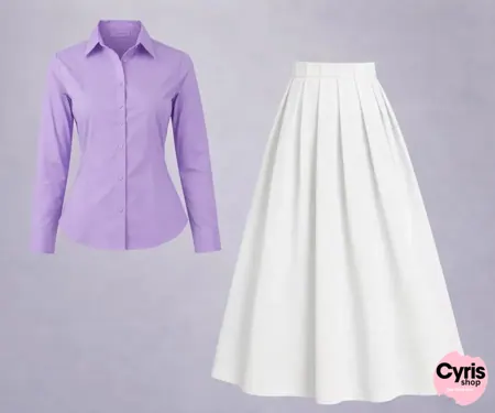 Button-Down Shirt & Pleated Maxi Skirt Set – Lavender & White