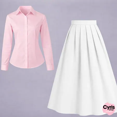 Button-Down Shirt & Pleated Maxi Skirt Set – pink & white