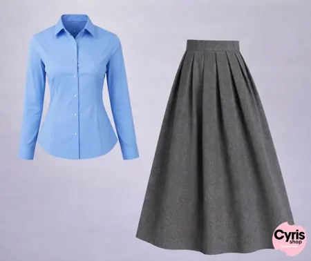 Button-Down Shirt & Pleated Maxi Skirt Set – Sky Blue & Grey