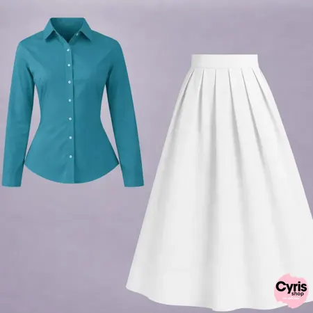 Button-Down Shirt & Pleated Maxi Skirt Set – Teal Green & white