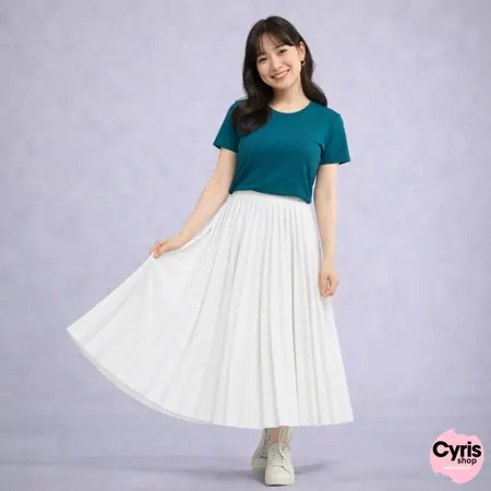 Teal T-shirt & White Pleated Maxi Skirt