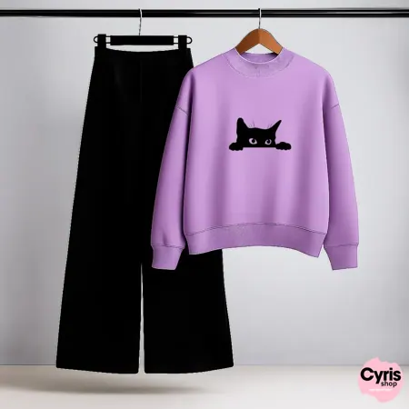 Cat Silhouette Lilac Sweatshirt & Black Trouser Set