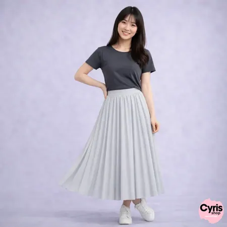 Charcoal Grey T-shirt with Light Grey Pleated Skirt — view 2