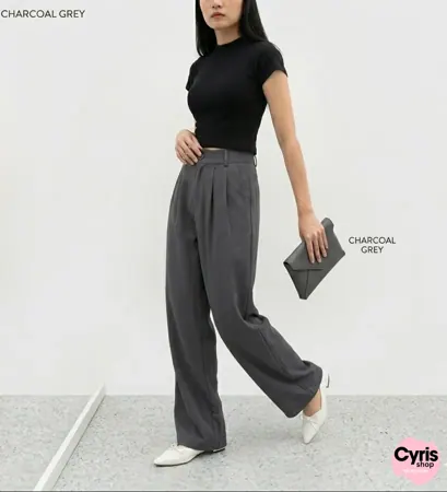 Charcoal Grey Wide-Leg Office Pants – Structured Elegant Style