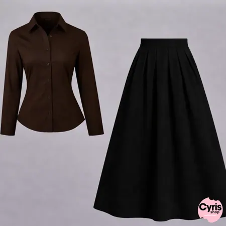 Chocolate Brown Button-Down Shirt & Black Flared Maxi Skirt – Classic Formal Co-Ord