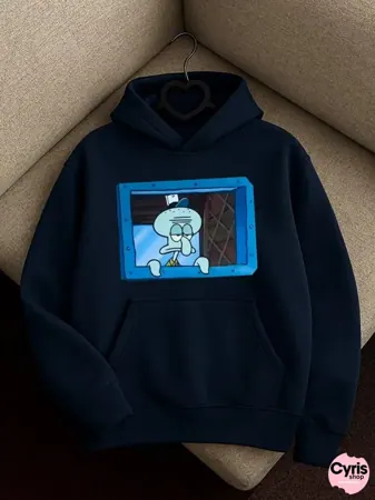 Classic Cartoon TV Print Hoodie – Navy Blue Streetwear