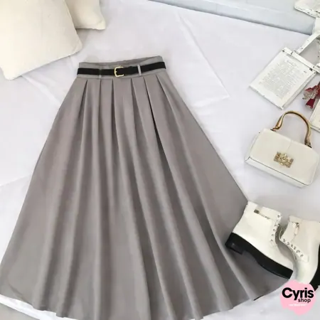 Classic Light Grey Flowy Pleated Maxi Skirt