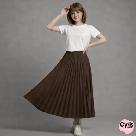 White T-Shirt with Coffee Brown Pleated Skirt