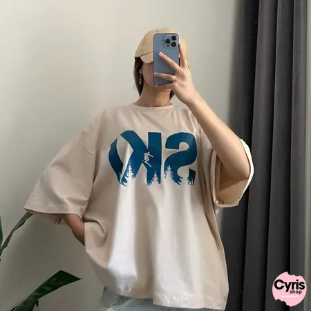 Cream Beige Oversized "SKI" Graphic Tee