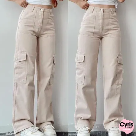 Cream High-Waist Cargo Jeans