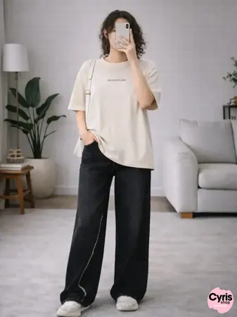 Cream Oversized T-Shirt with Black Wide-Leg Pants Set