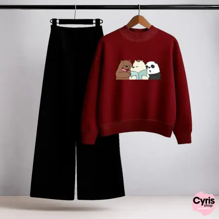 Cute Animals Trio Cartoon Red Sweatshirt & Black Trouser Combo