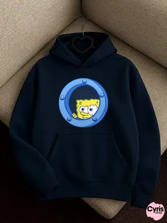Cute Cartoon Face Graphic Hoodie – Navy Blue Casual Streetwear