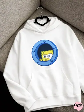 Cute Character Round Graphic Hoodie – White Casual Wear