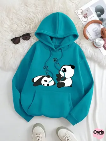 Cute Panda Love Hoodie – Cozy Teal Fleece