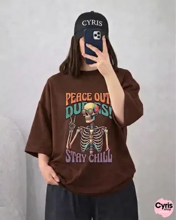 Dark Brown “Peace Out” Skeleton Drop Shoulder T-Shirt – Aesthetic Oversized Tee