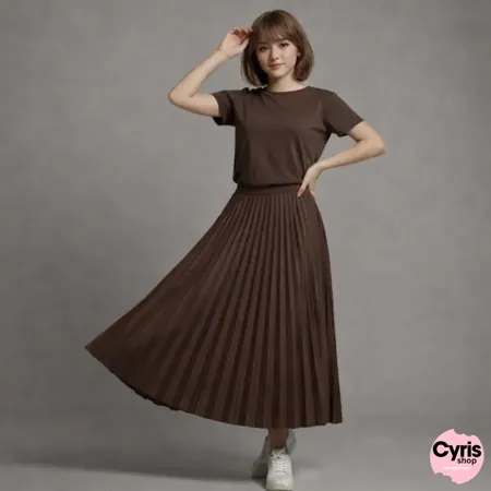 Dark Brown T-shirt with Coffee Brown Pleated Skirt