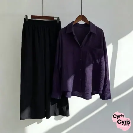 Dark Purple Button-Down Shirt & Black Trousers Set