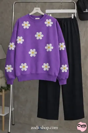 Deep Purple Daisy Sweatshirt & Trouser Combo