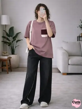 Dusty Pink Oversized T-Shirt with Black Wide-Leg Pants Set