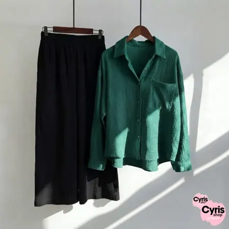 Emerald Green Button-Down Shirt & Black Trousers Set