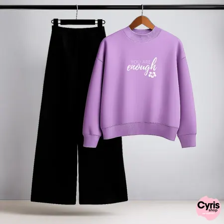 Enough Script Lilac Sweatshirt & Black Trouser Set