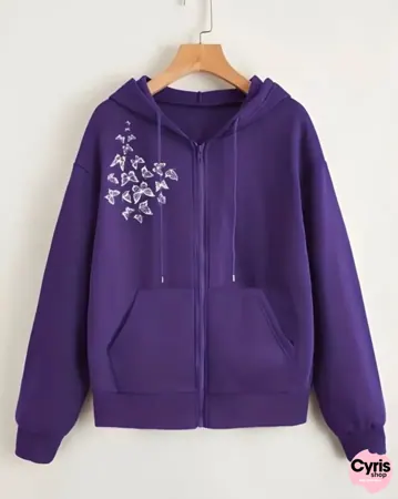 Floral Embroidered Zipper Hoodie – Violet Purple