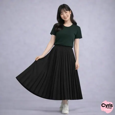 Forest Green T-shirt with Black Pleated Maxi Skirt
