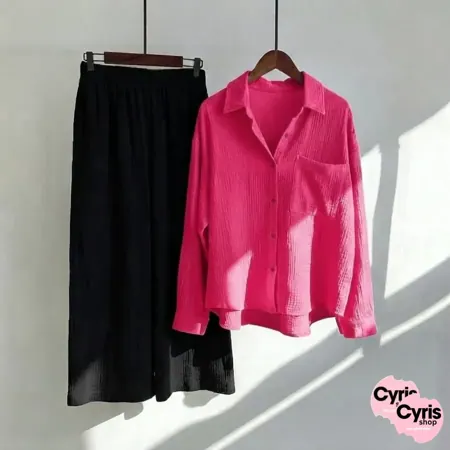 Fuchsia pink Button-Down Shirt & Black Trousers Set