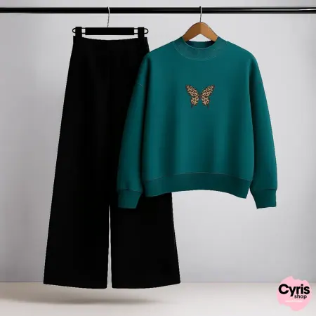 Golden Butterfly Teal Sweatshirt & Black Trouser Set