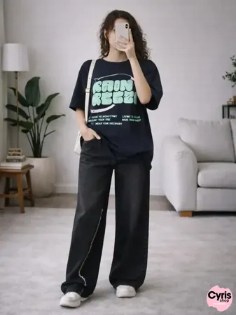 Green Graphic T-Shirt with Black Wide-Leg Pants Set