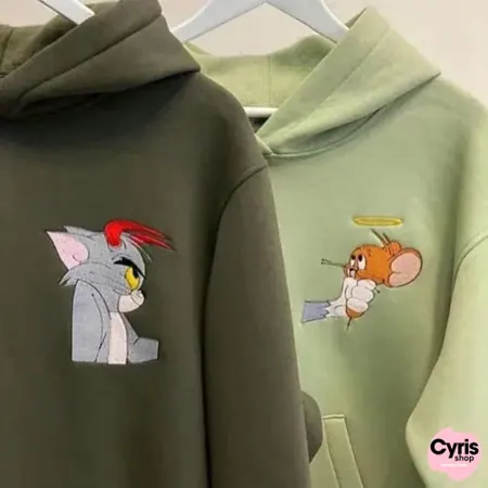 Green Hoodie – Tom & Jerry Embroidered Cartoon Design