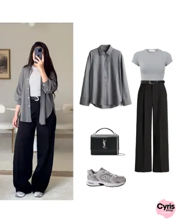 Grey Button-Down Shirt with Black Crop Top & Wide-Leg Pants – Minimal Streetwear 3-Piece Outfit