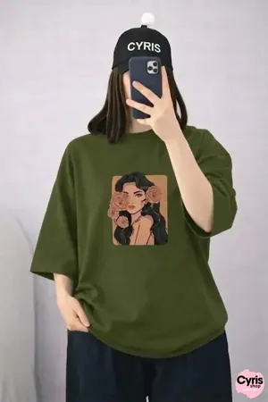 Olive Green Drop Shoulder Printed T-Shirt – Trendy Oversized Street Tee