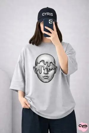 Grey Face Graphic Drop Shoulder T-Shirt – Minimal Oversized Casual Tee