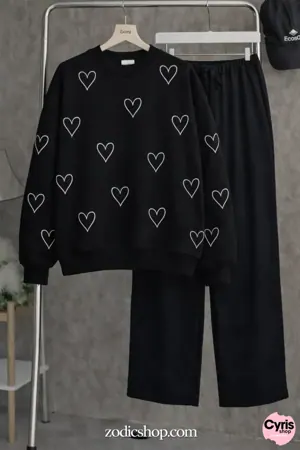 Heart Print Fleece Sweatshirt – Black