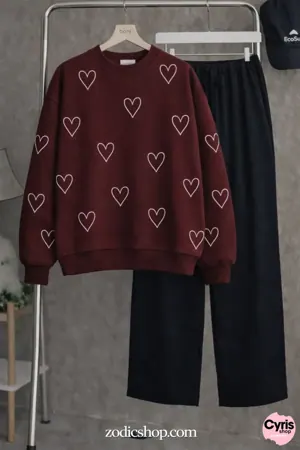 Heart Print Fleece Sweatshirt – Burgundy