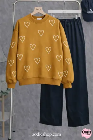 Heart Print Fleece Sweatshirt – Mustard
