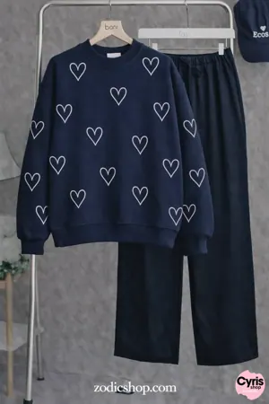 Heart Print Fleece Sweatshirt – Navy Blue