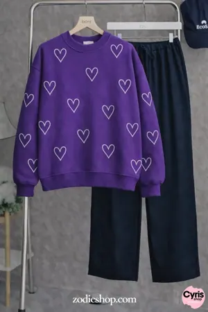 Heart Print Fleece Sweatshirt – Purple