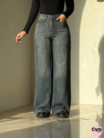 High-Waist Straight Fit Denim Pants – Washed Grey