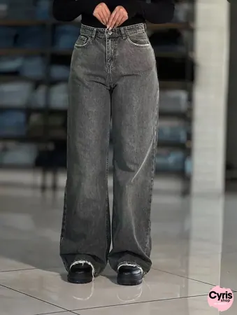 High-Waist Wide Leg Denim Pants – Charcoal Grey