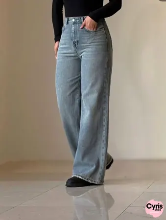 High-Waist Wide Leg Denim Pants – Light Blue