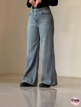 High-Waist Wide Leg Denim Pants – Light Blue