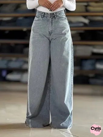 High-Waist Wide Leg Denim Pants – Light Grey